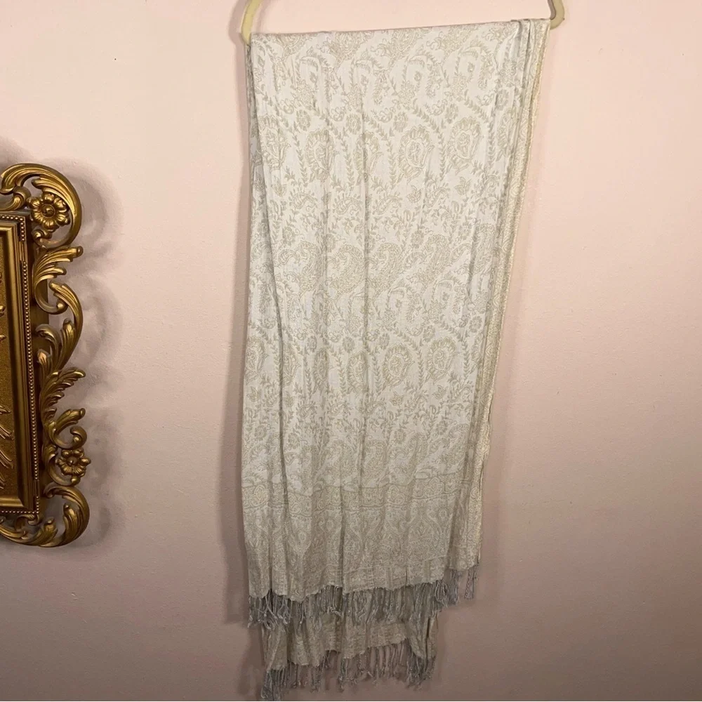Ivory Cream Scarf Paisley Floral Fringe Accent Wrap Made In India Boho Bohemian